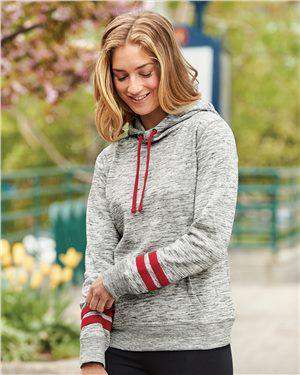 Brand: J. America | Style: 8674 | Product: Women's Melange Fleece Striped Sleeve Hooded Pullover